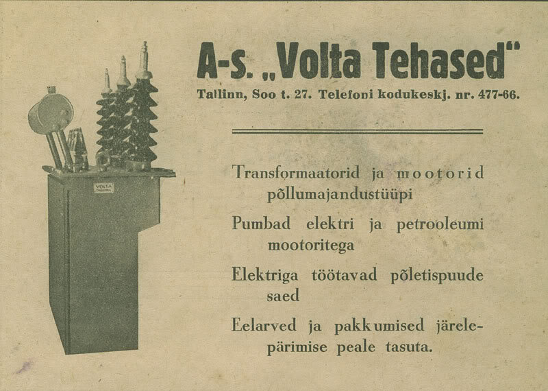 Volta tehase reklaam 1930. aastatest. Tööstuse tänav kandis toona sealkandis Soo tänava nime.